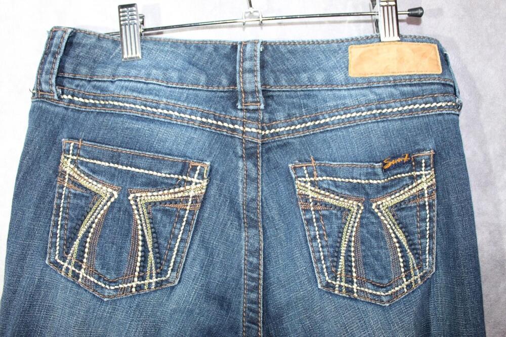 Seven7 Bootcut Jeans Womens 4 Blue Med Wash Mid Rise Rocker Slim Embroidered